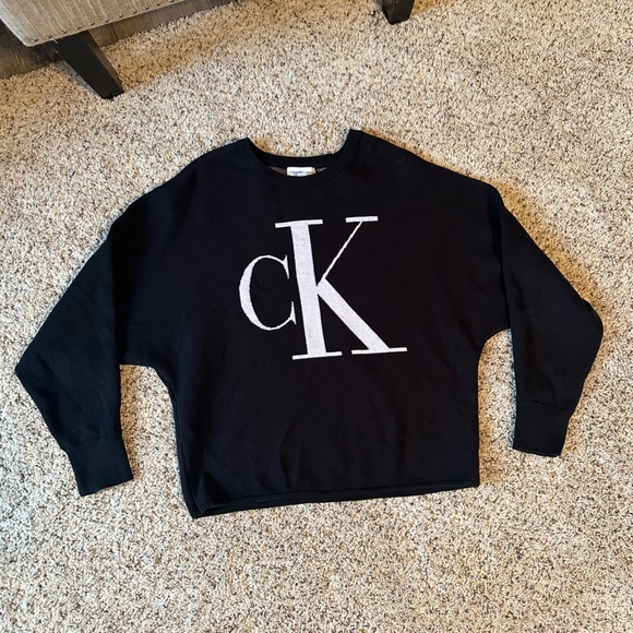 Calvin Klein CK Monogram Logo Dolman Sleeve Cropped Sweater Cotton Black/White - Picture 3 of 12
